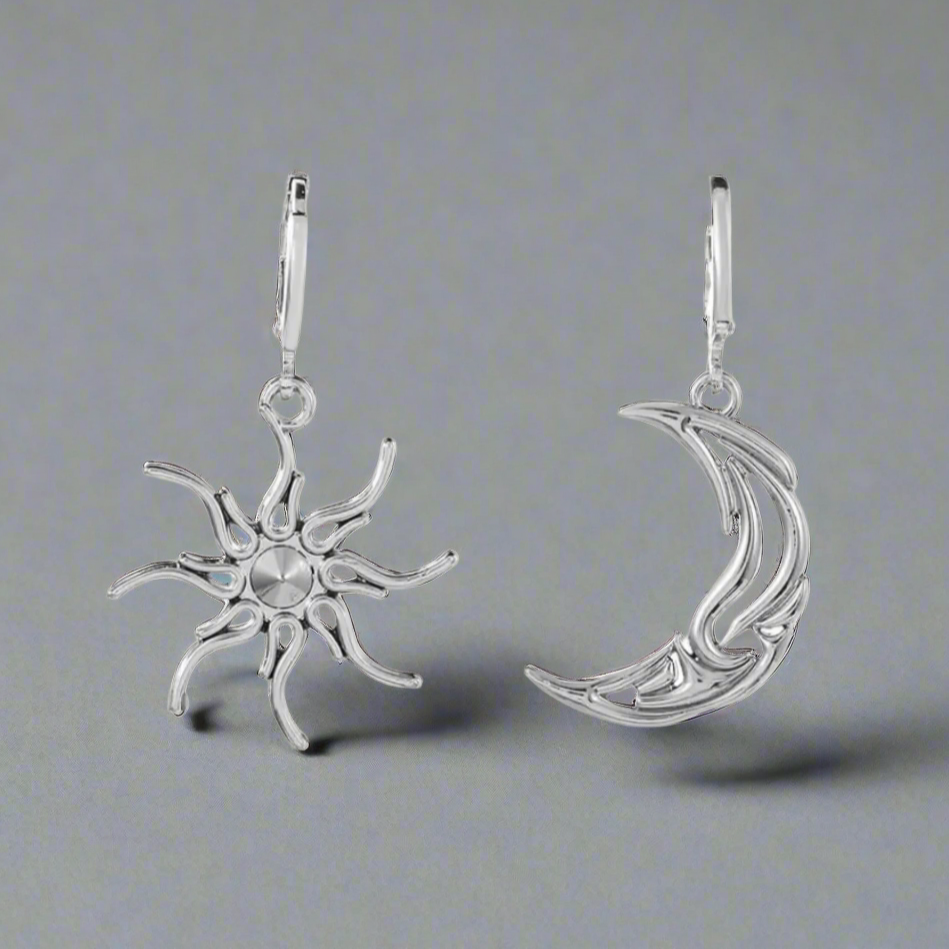 Silver Gothic Sun and Moon Dangle Hoop Charm Earring