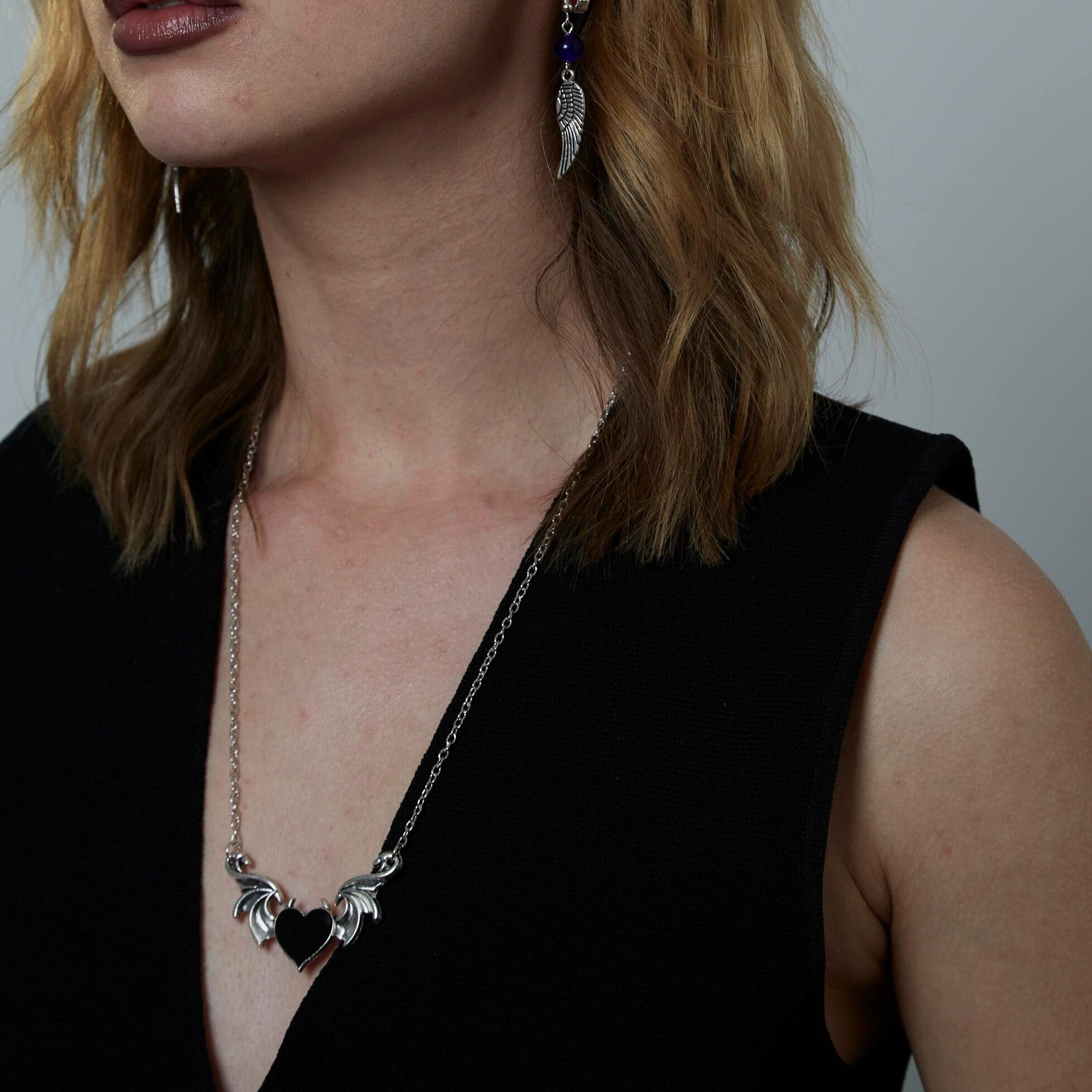 Silver Winged Black Heart Charm Necklace