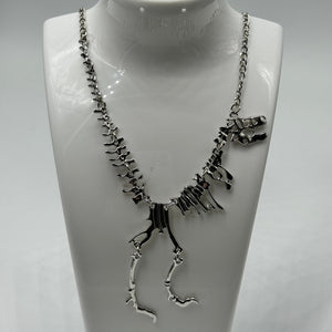 Large Silver Gothic Dinosaur Skeleton Bib Necklace