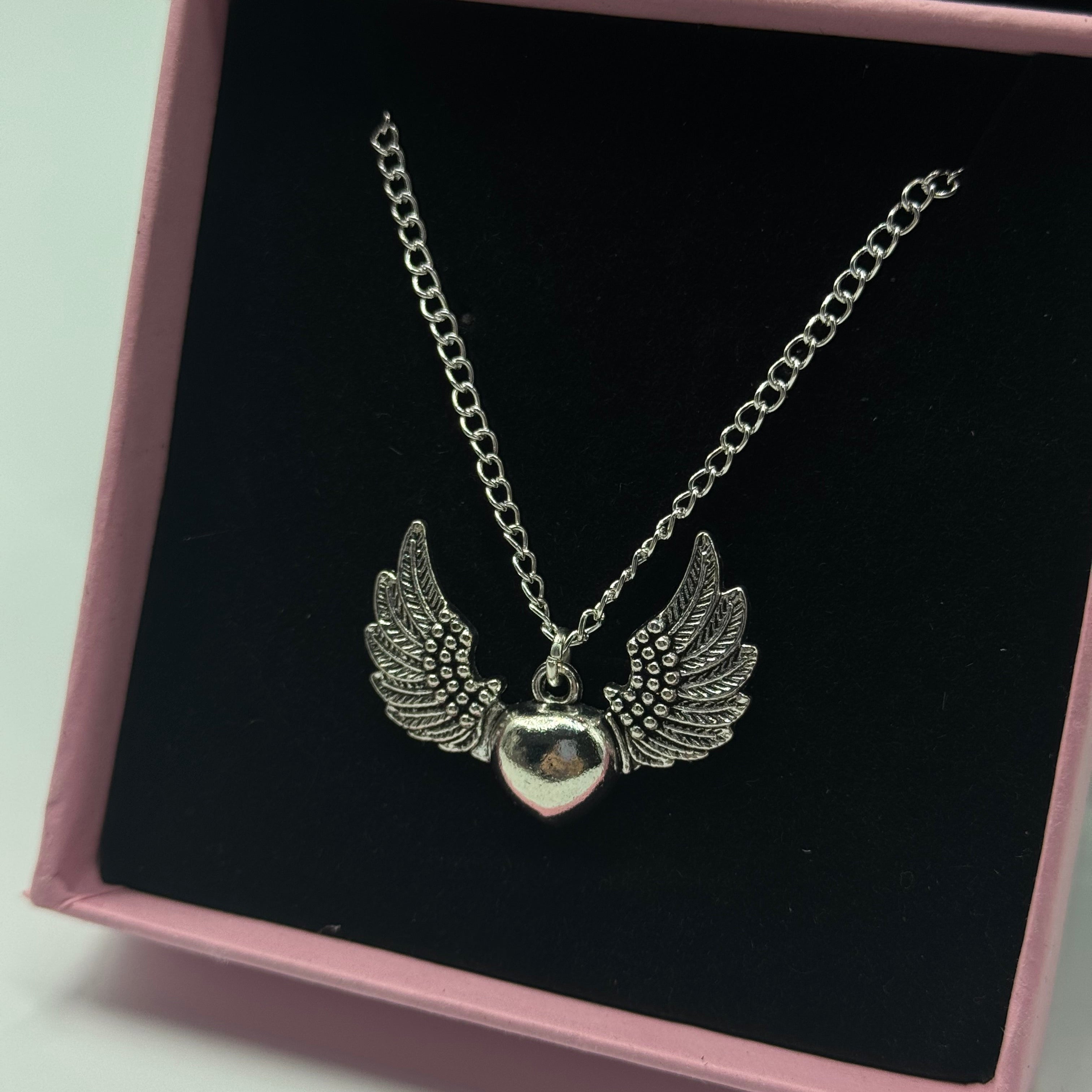 Silver Gothic Angel Heart Charm Necklace
