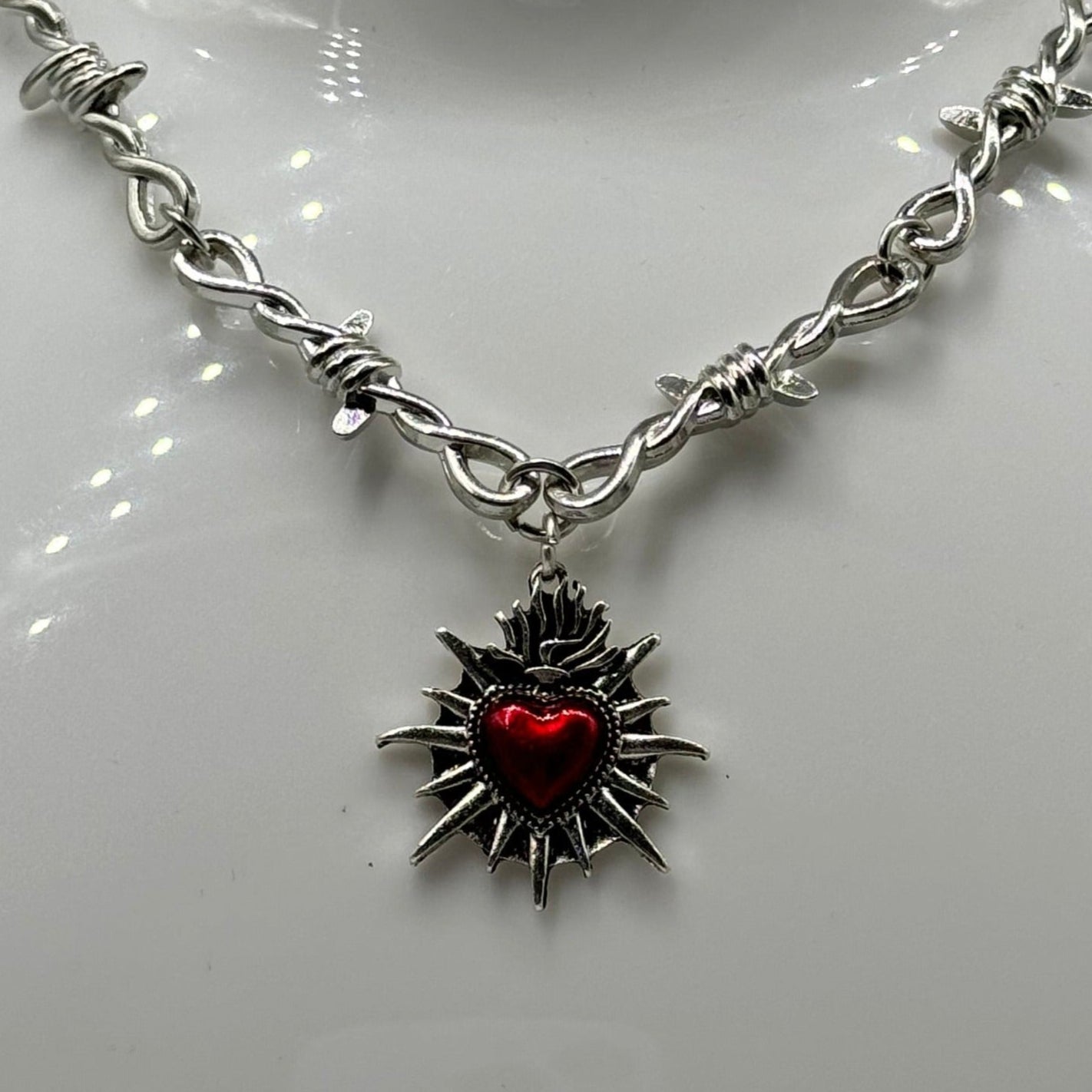 Silver Gothic Barbed Wire Red Sacred Heart Necklace