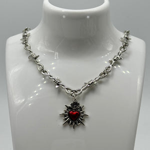 Silver Gothic Barbed Wire Red Sacred Heart Necklace