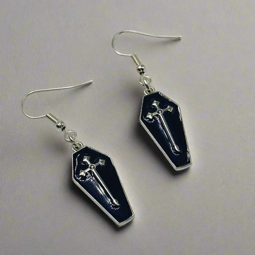 Silver Gothic Coffin Black Charm Earrings