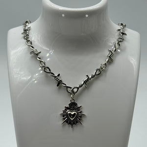 Silver Gothic Barbed Wire Silver Sacred Heart Necklace