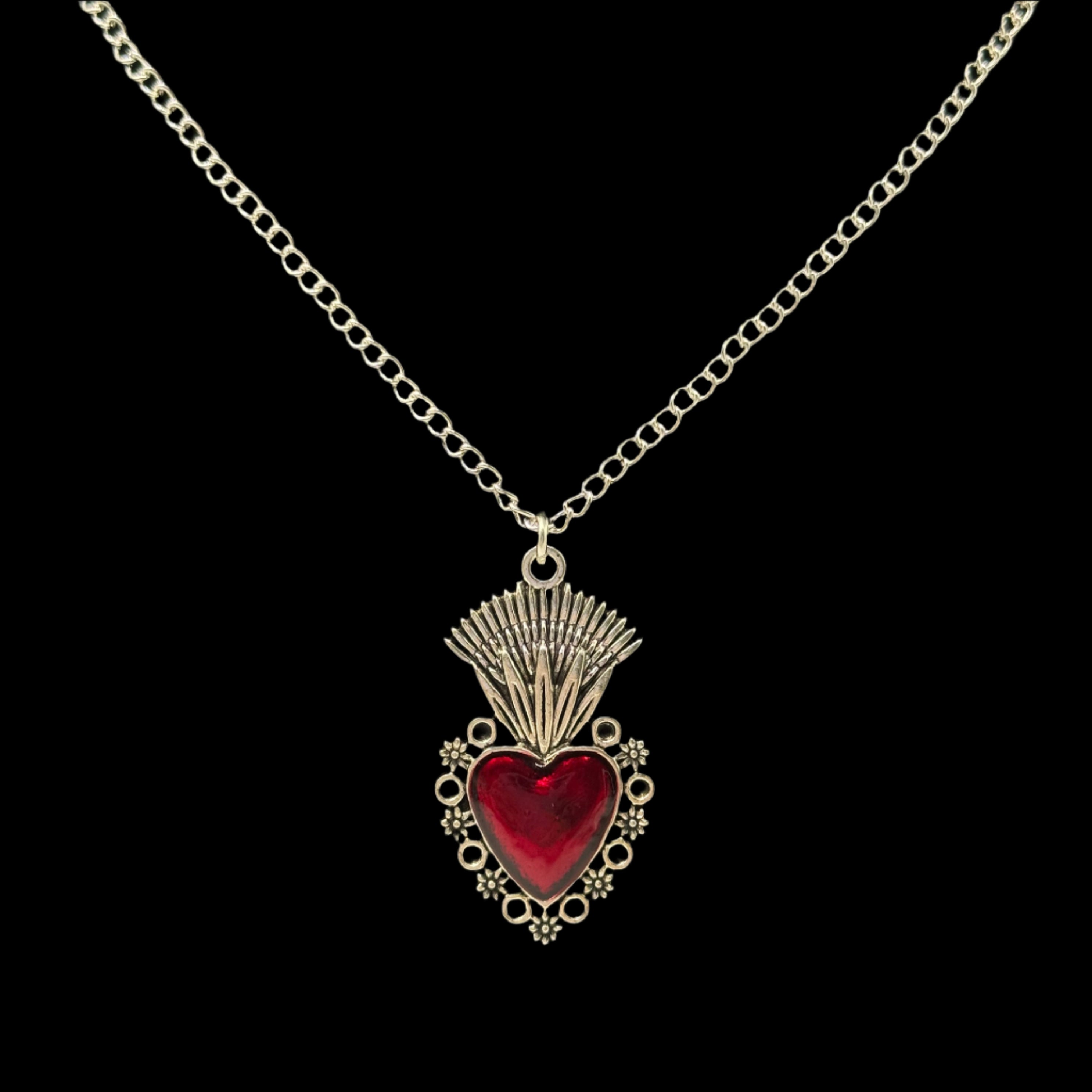 Large Silver Sacred Flaming Red Heart Charm Necklace