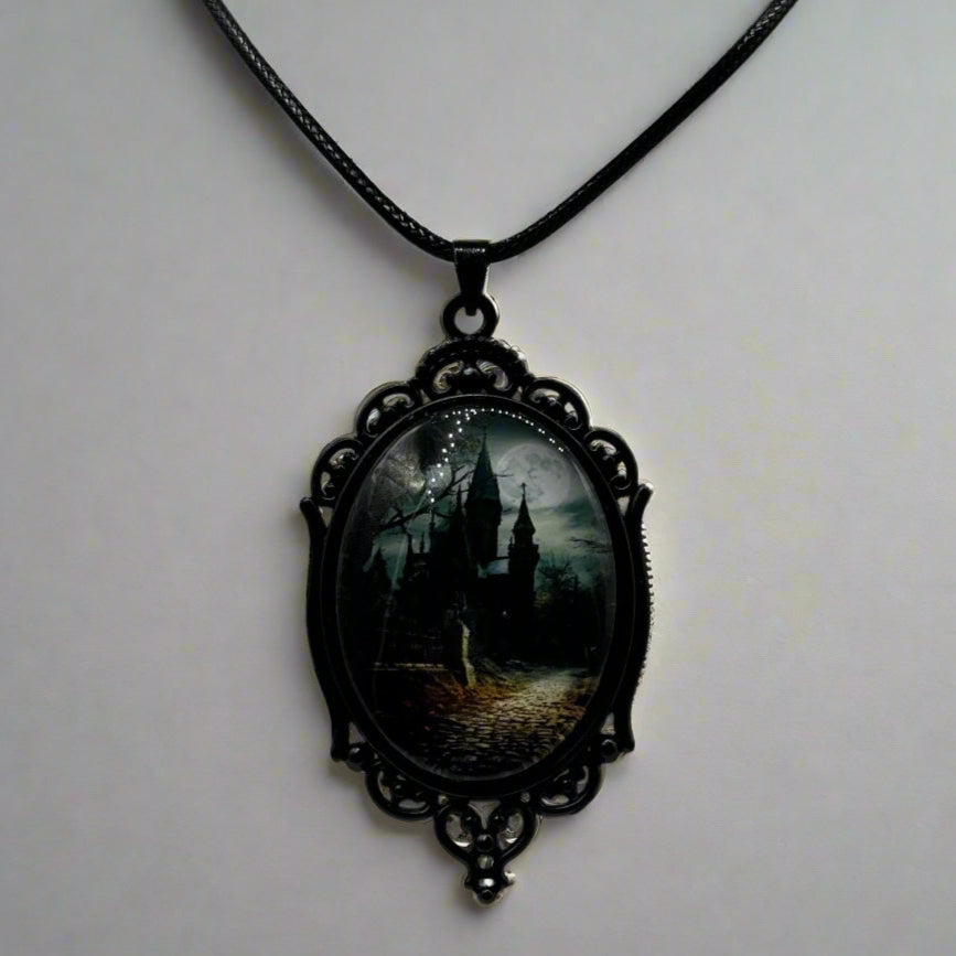 Silver Gothic Cameo Frame Charm Necklace