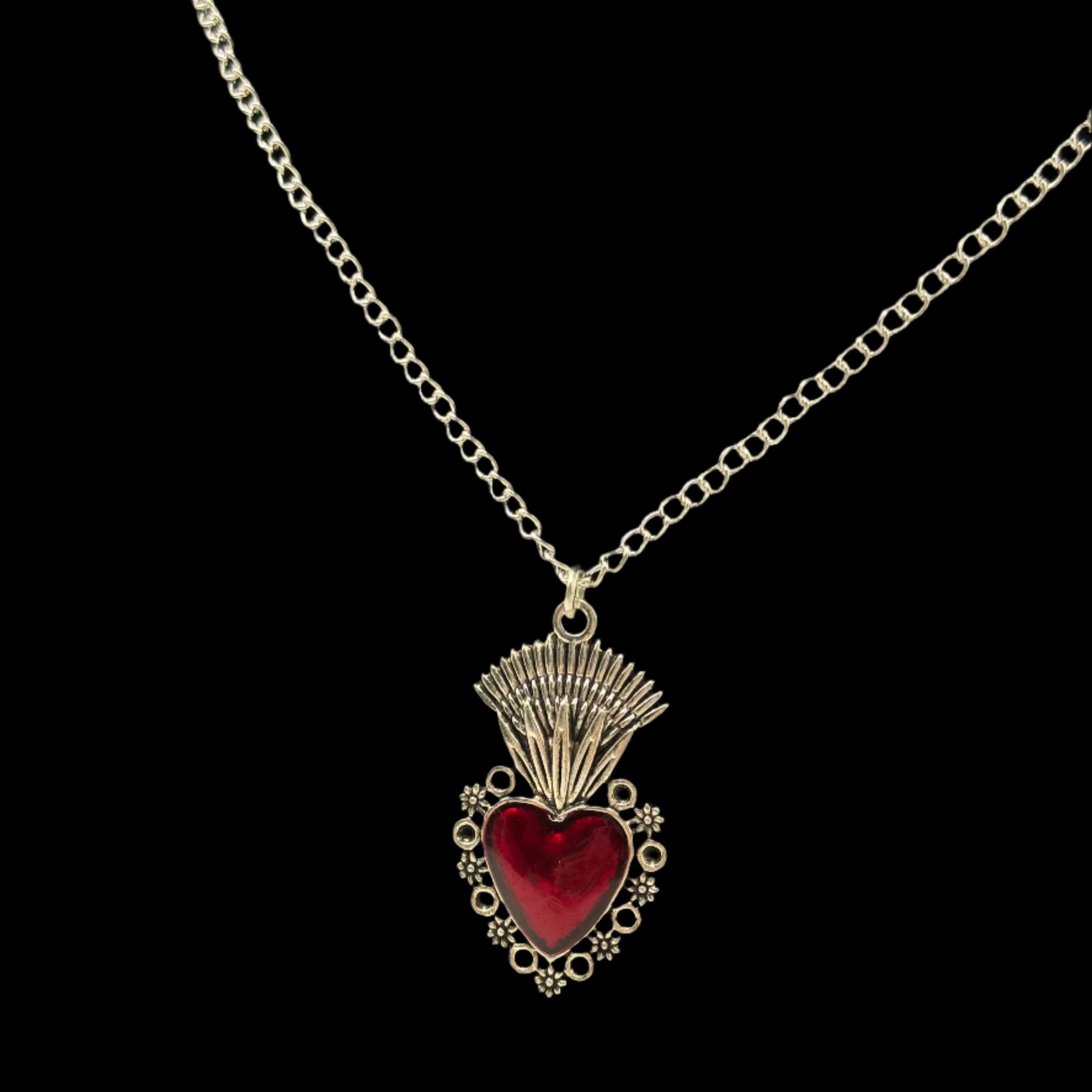 Large Silver Sacred Flaming Red Heart Charm Necklace