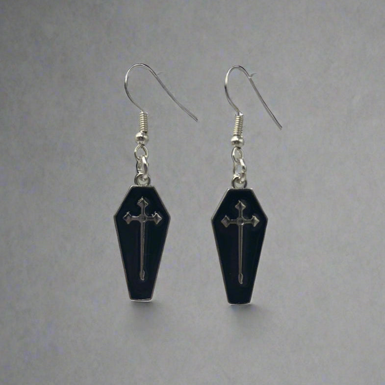 Silver Gothic Coffin Black Charm Earrings