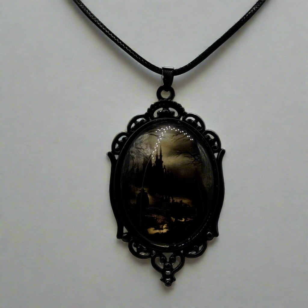 Silver Gothic Cameo Frame Charm Necklace