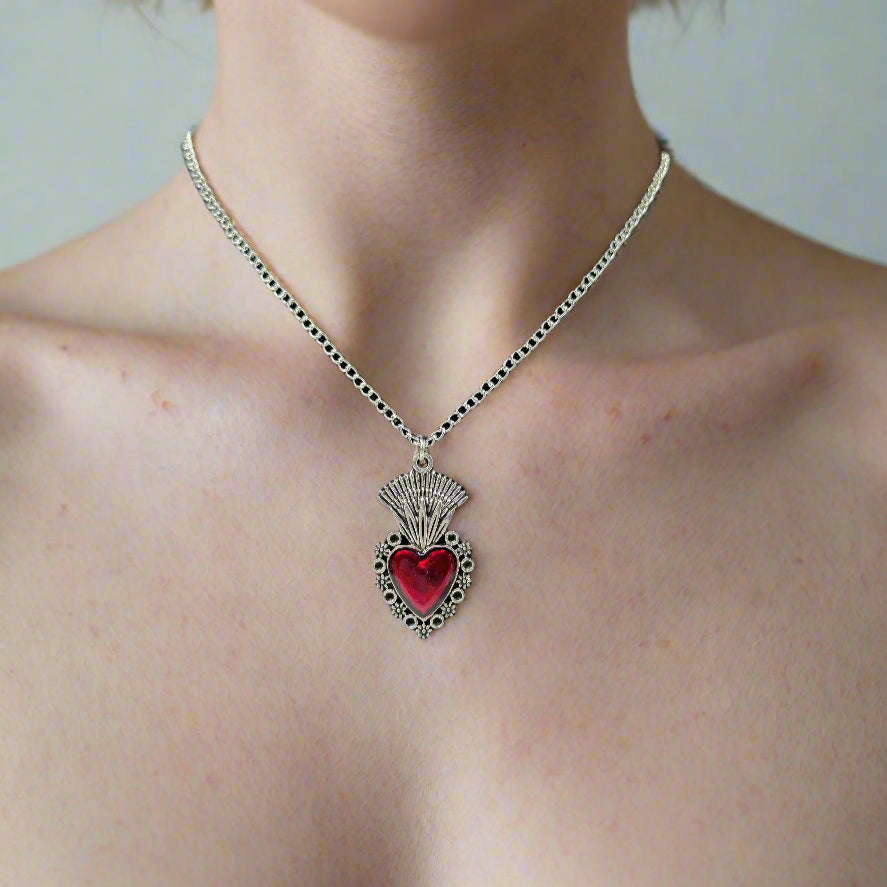 Large Silver Sacred Flaming Red Heart Charm Necklace