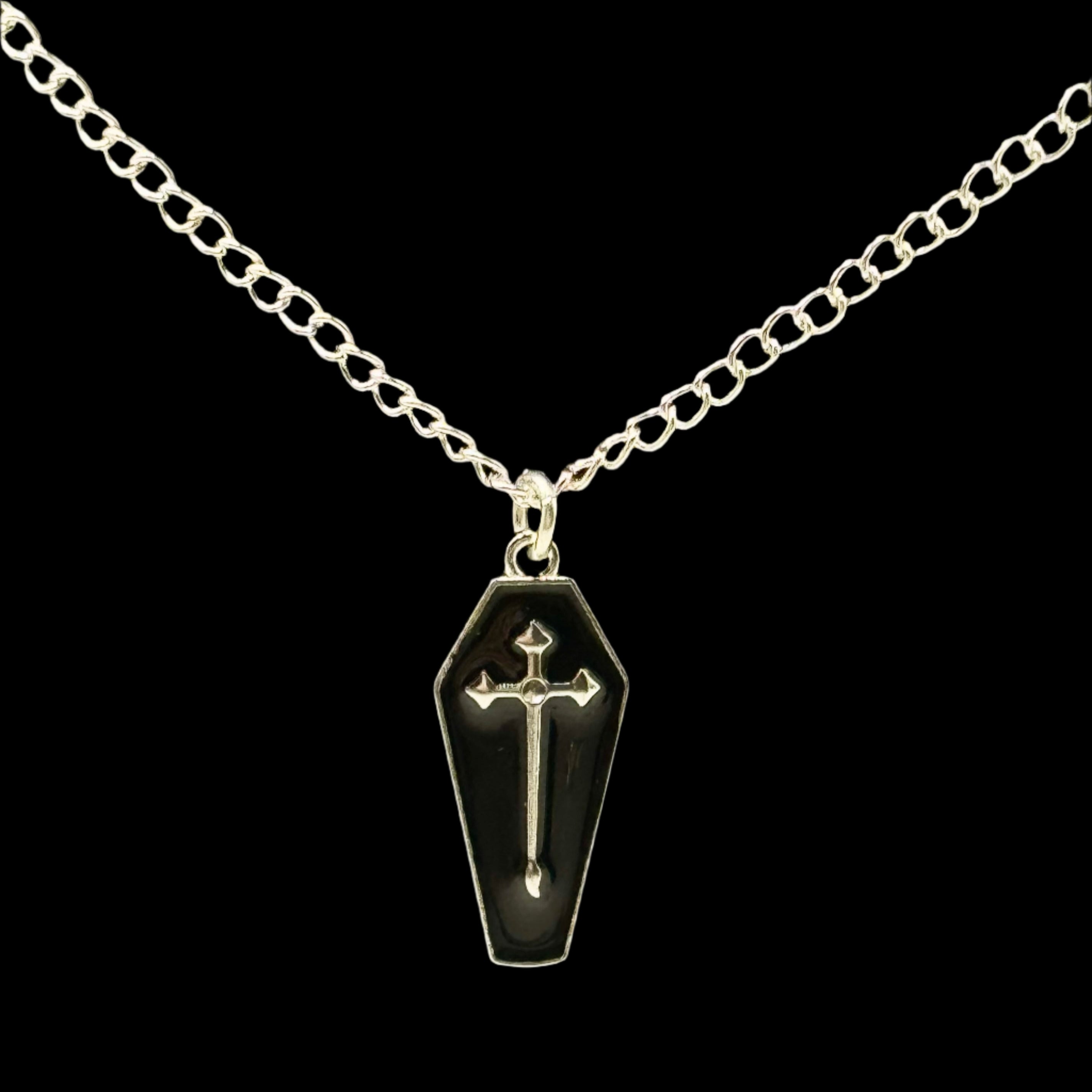 Silver Gothic Black Coffin Charm Necklace