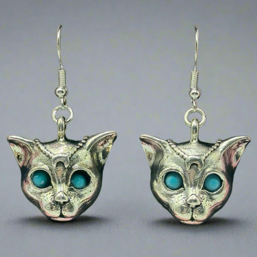 Silver Mystic Blue Eyed Leopard Charm Earrings