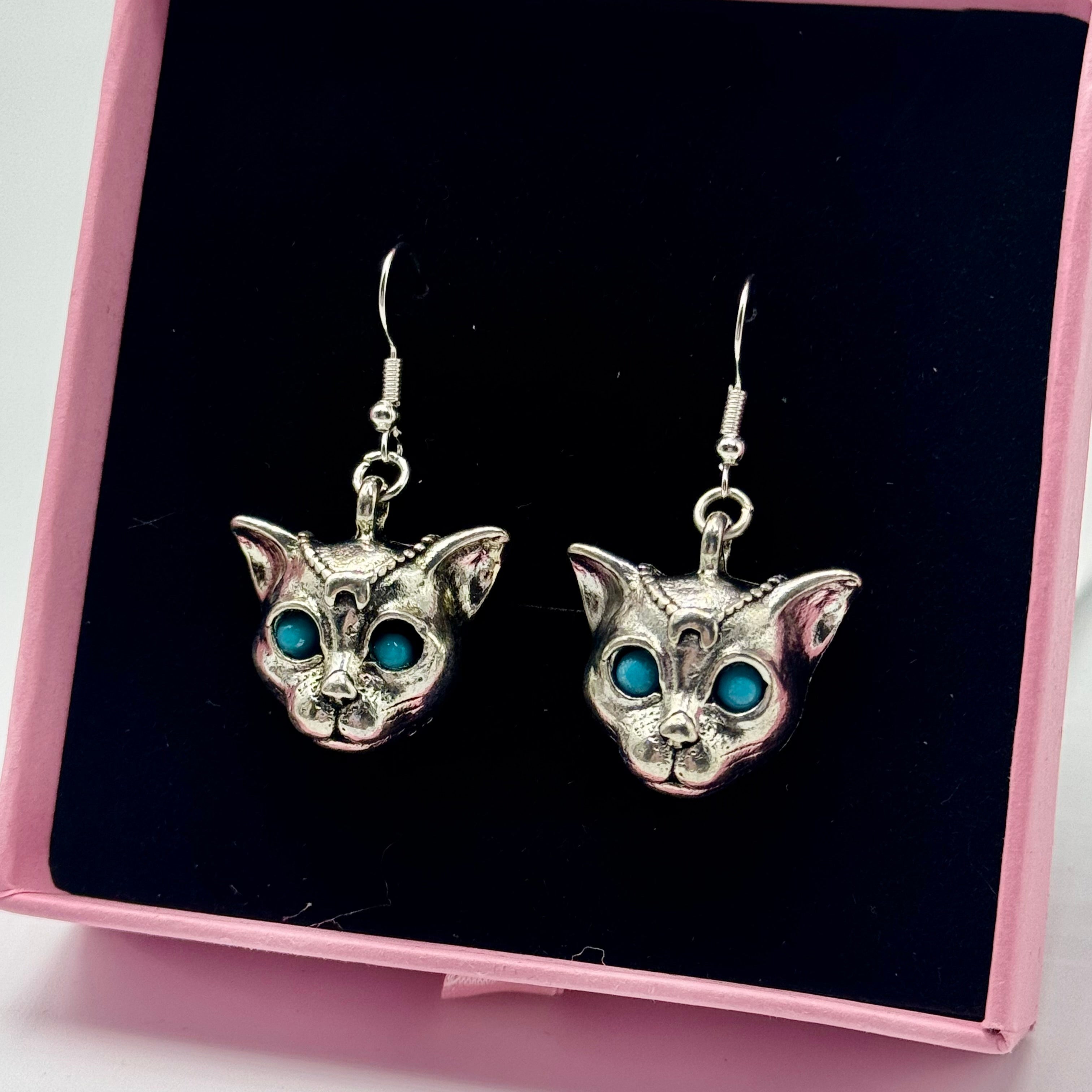 Silver Mystic Blue Eyed Leopard Charm Earrings