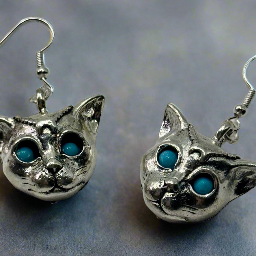 Silver Mystic Blue Eyed Leopard Charm Earrings