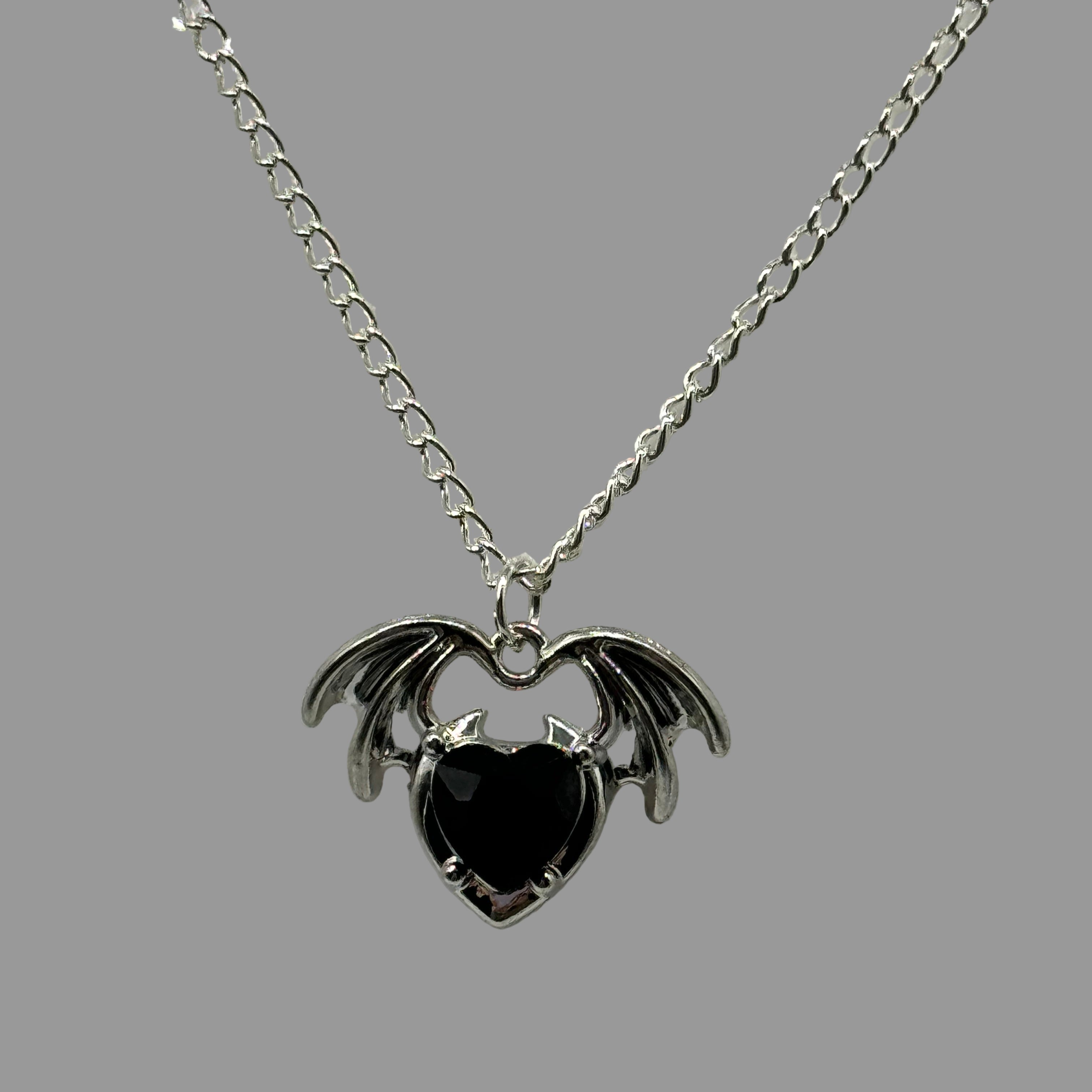 Silver Gothic Heart Wing Stone Charm Necklace