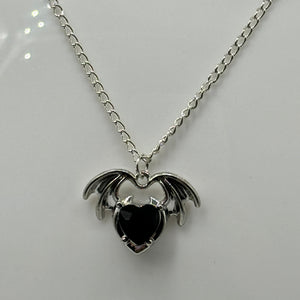 Silver Gothic Heart Wing Stone Charm Necklace