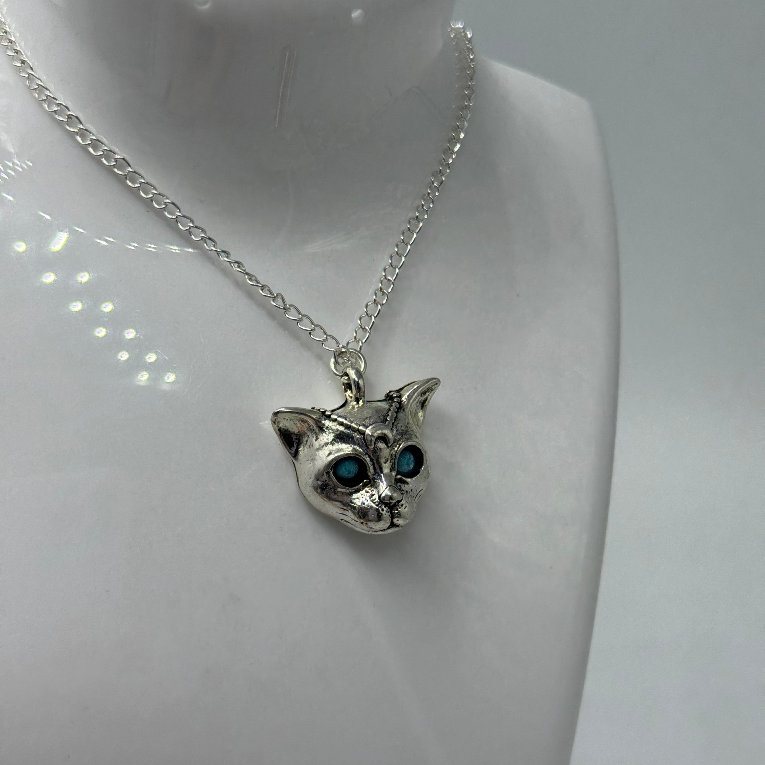 Silver Mystic Blue Eyed Leopard Charm Necklace