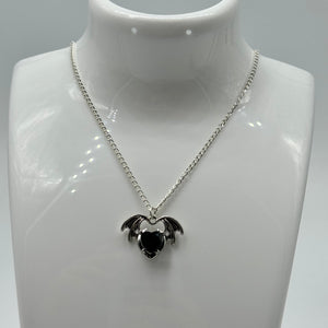 Silver Gothic Heart Wing Stone Charm Necklace