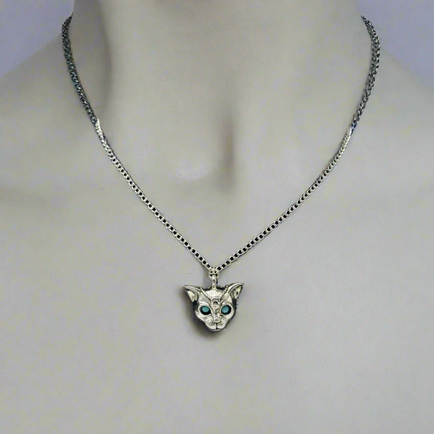 Silver Mystic Blue Eyed Leopard Charm Necklace