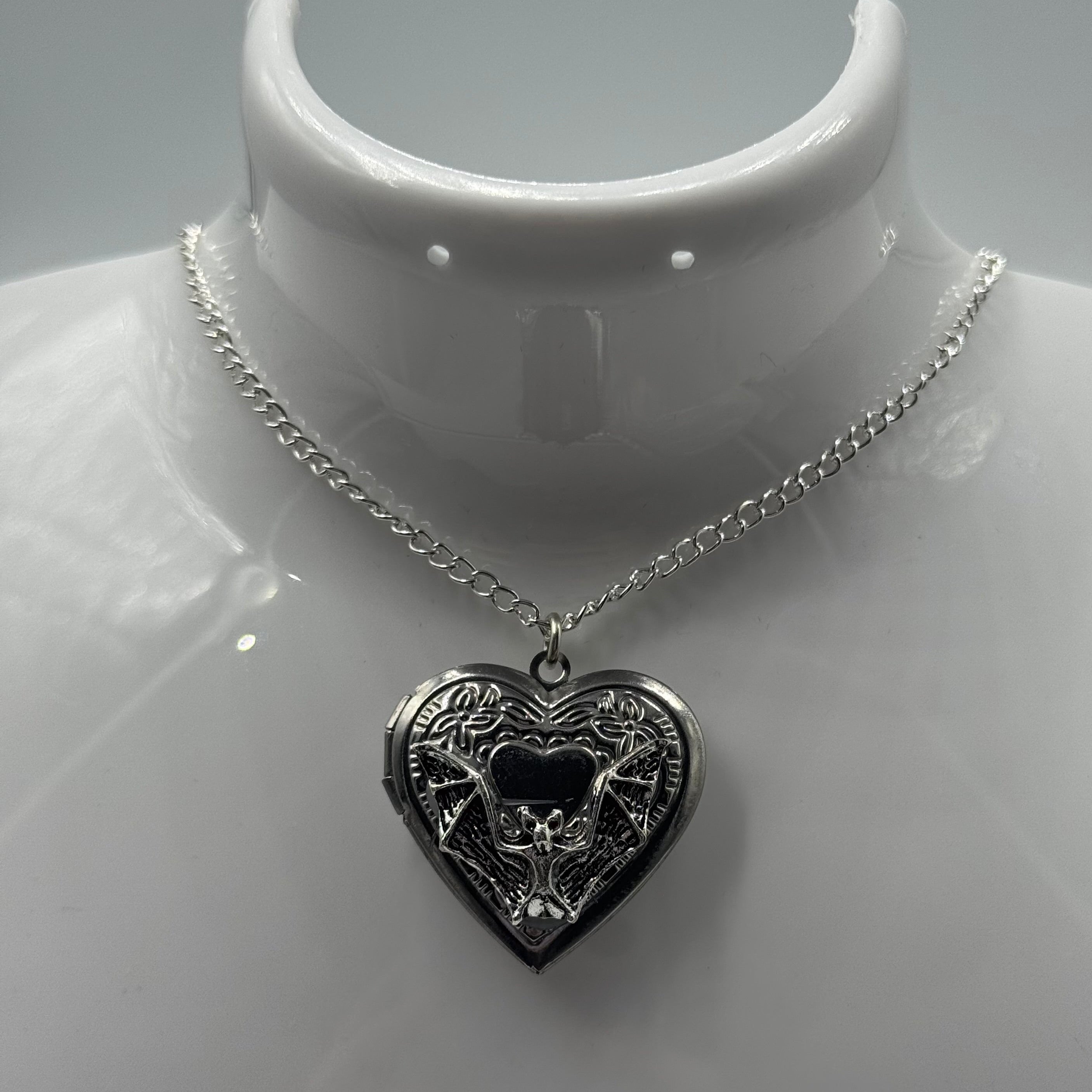 Large Silver Gothic Heart Bat Locket Charm Necklace