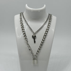 Large Silver Lock and Key Layered Chain Necklace Set