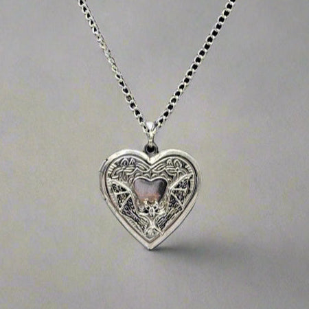 Large Silver Gothic Heart Bat Locket Charm Necklace