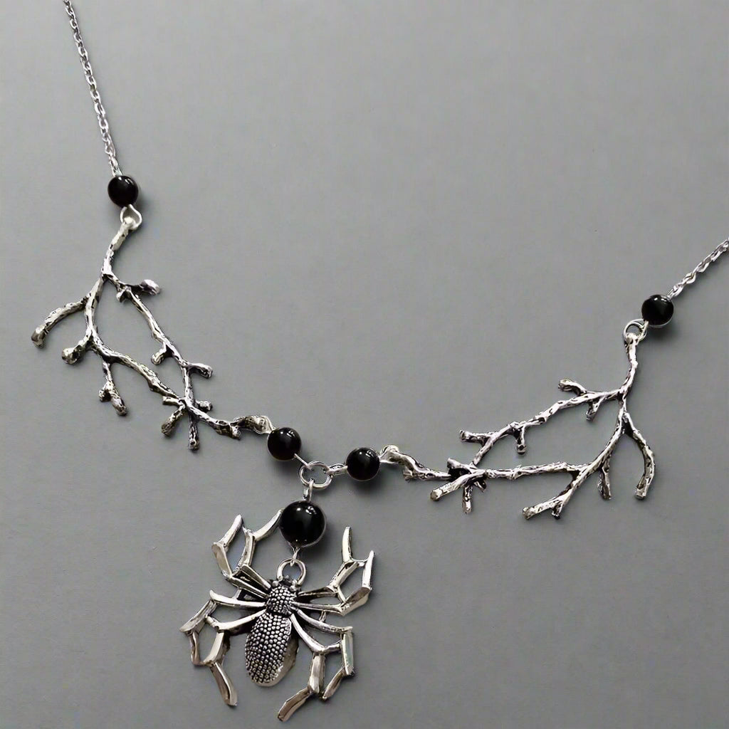 Gothic Spider Branches Silver Necklace