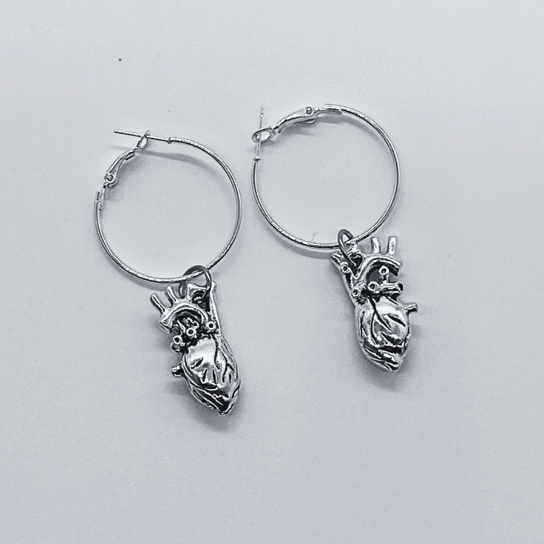 Silver Anatomical Heart Charm Hoop Earrings