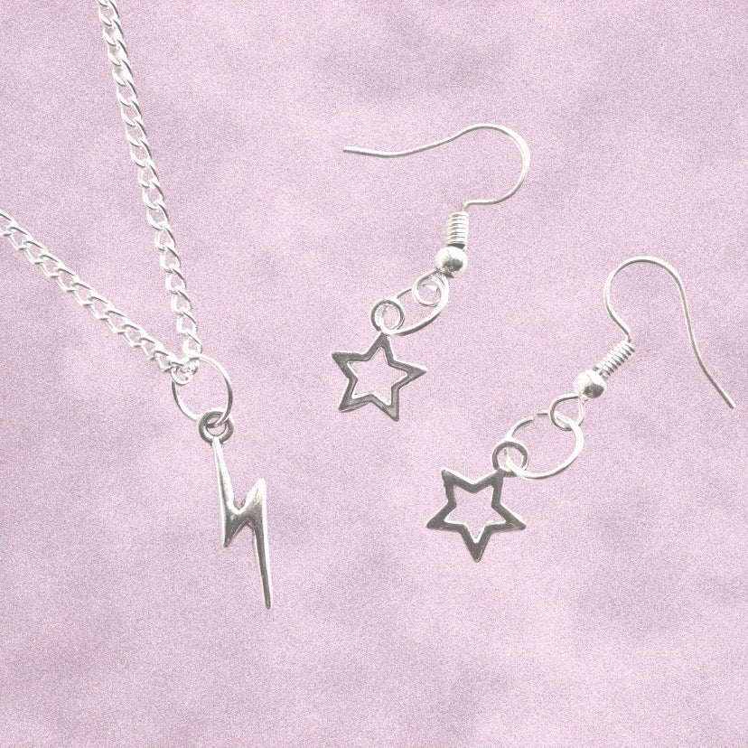 Cosmos Silver Jewellery Set - Lightning Bolt Necklace and Star Earrings