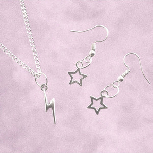 Cosmos Silver Jewellery Set - Lightning Bolt Necklace and Star Earrings